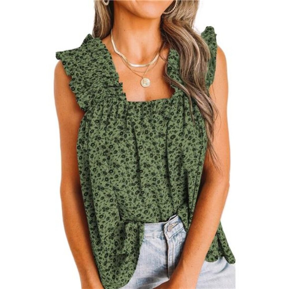 Womens Shirred Straps Pleated Beach Boho Floral Tank Top Beach Blouses